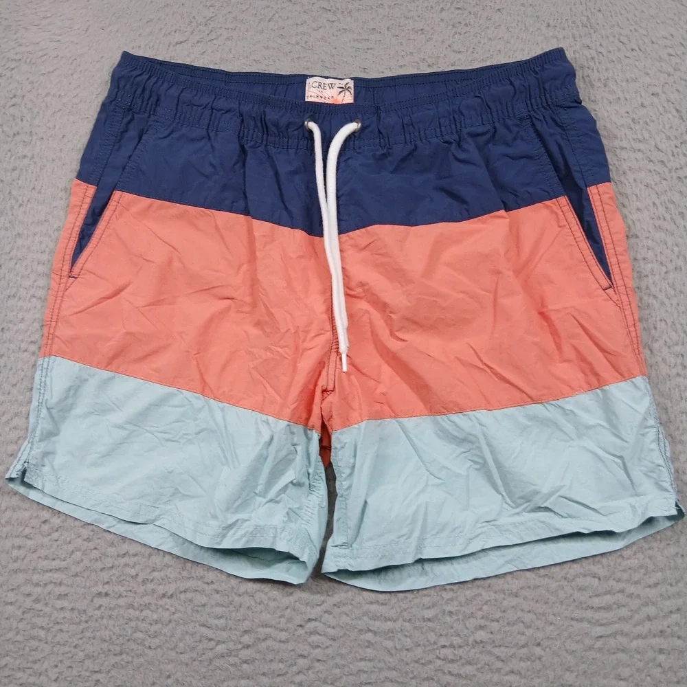 J. Crew Swimwear Trunks Mens M Colorblock Blue‎ Orange Mesh Lined Beach Swim